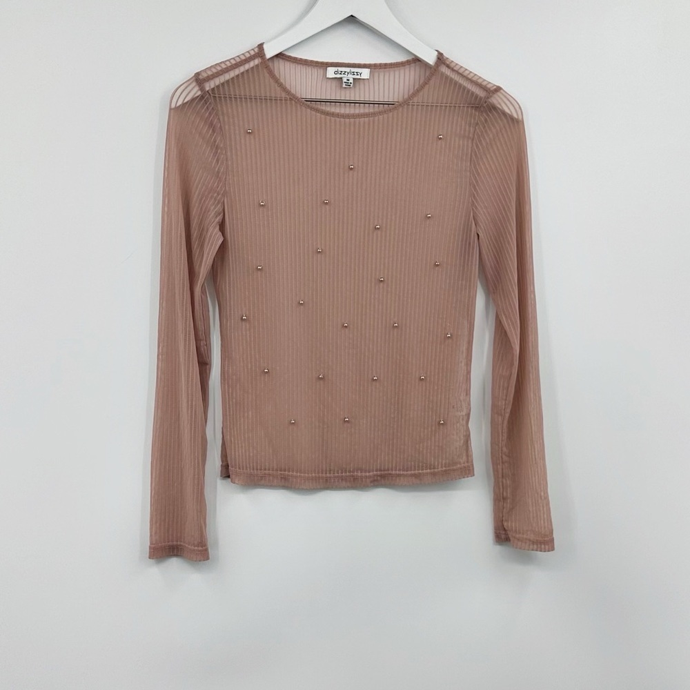 Dizzylizzy Blush Pink Sheer Pearl Long Sleeve Shirt Size Medium